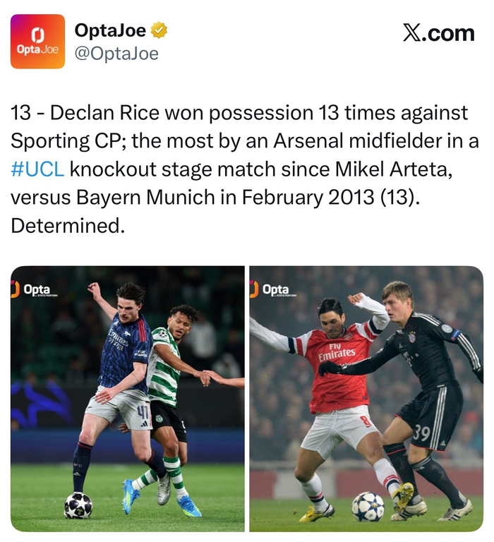 阿森纳球员米饭成欧冠淘汰赛13次球权纪录缔造者